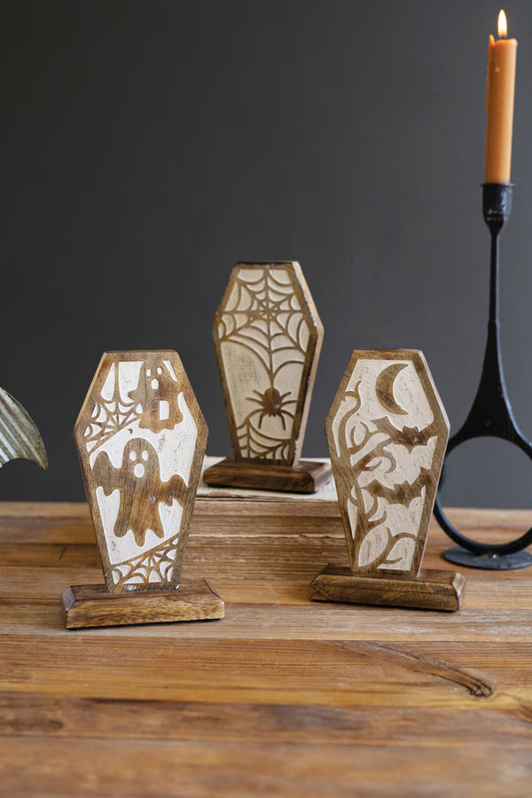 SET OF THREE CARVED WOODEN HALLOWEEN COFFIN SCENES