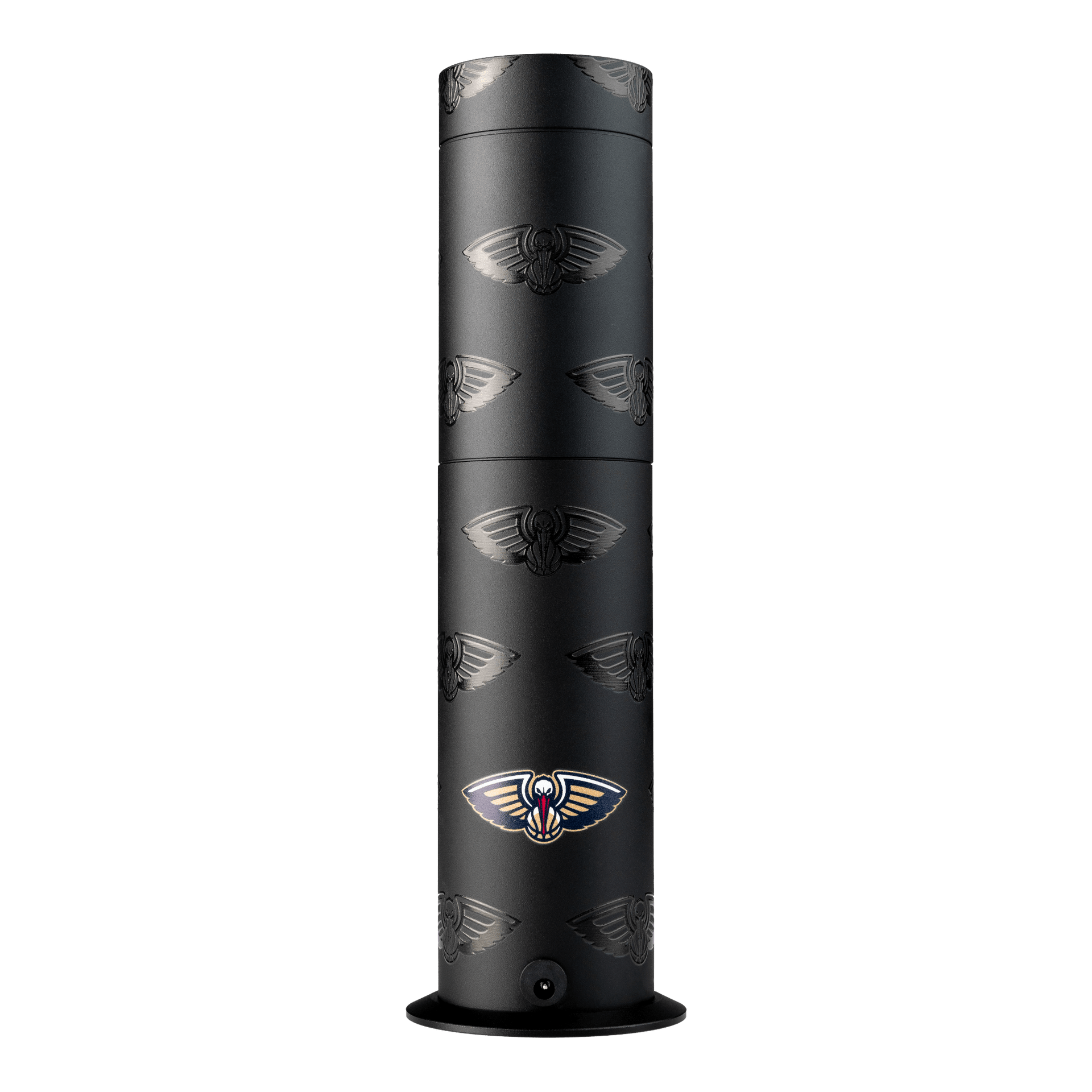 Black cylindrical product with logo on a white background