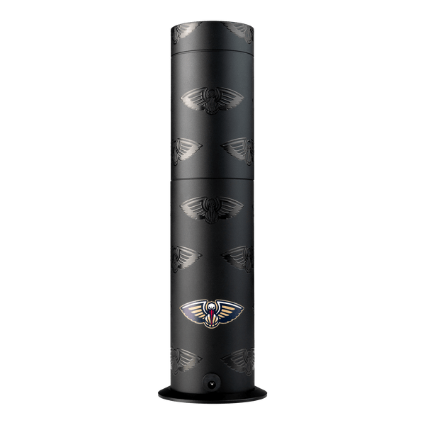 Black cylindrical product with logo on a white background