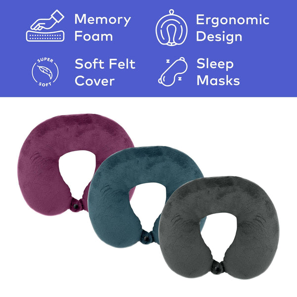 3 Memory Foam Travel Pillows with Sleep Masks by Pursonic - Gifts for You 'n Me