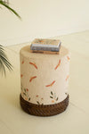 UPHOLSTERED OTTOMAN WITH CARVED WOOD BASE - CREAM