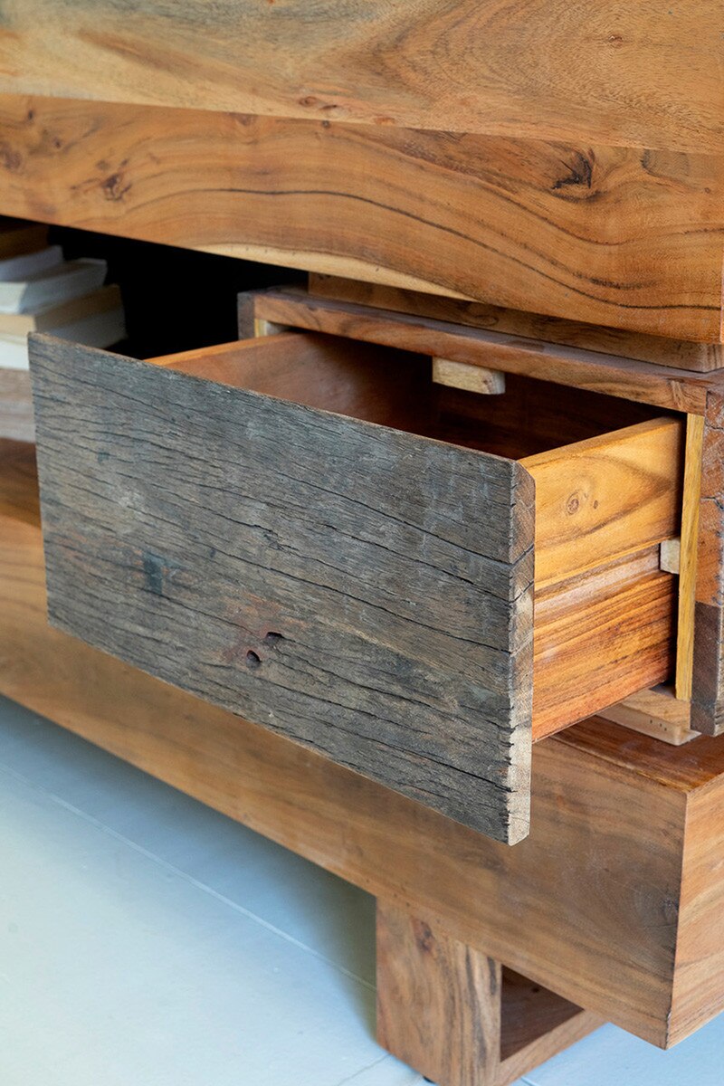 RECYCLED AND ACACIA WOOD CONSOLE TABLE WITH TWO DRAWERS