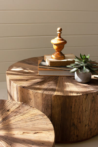 SET OF TWO RECYCLED WOOD ROUND COFFEE TABLES