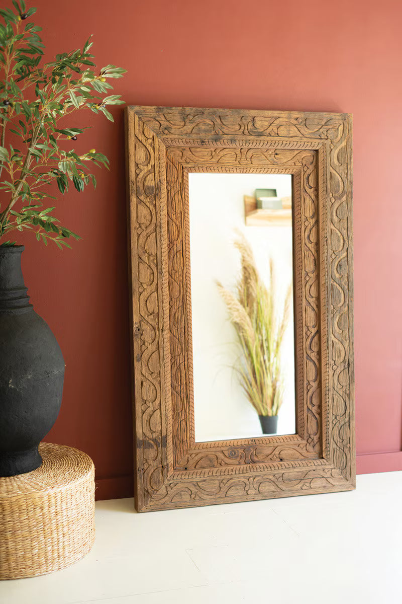 HAND CARVED RECYCLED WOOD FRAMED MIRROR