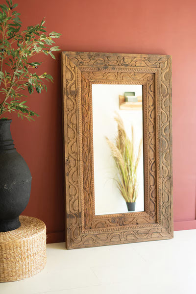 HAND CARVED RECYCLED WOOD FRAMED MIRROR