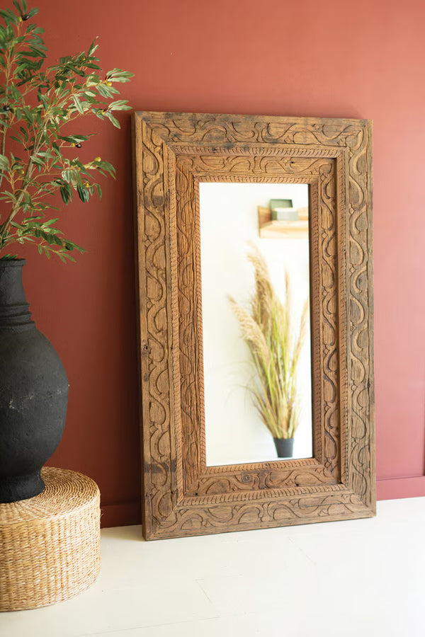 HAND CARVED RECYCLED WOOD FRAMED MIRROR