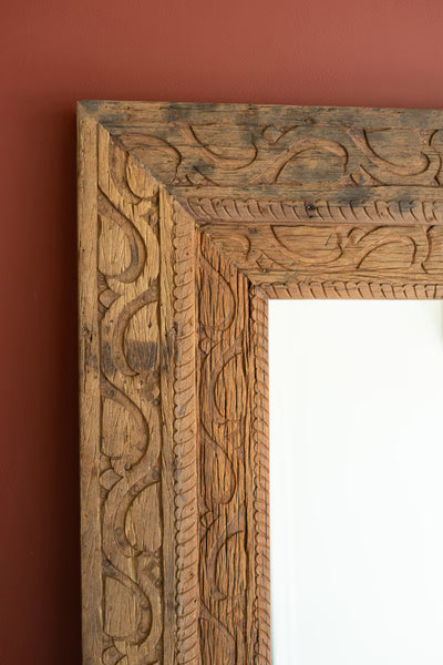 HAND CARVED RECYCLED WOOD FRAMED MIRROR