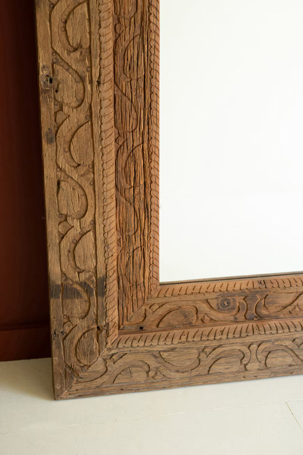 HAND CARVED RECYCLED WOOD FRAMED MIRROR