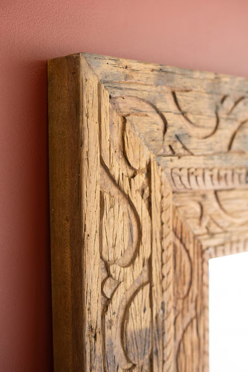 HAND CARVED RECYCLED WOOD FRAMED MIRROR
