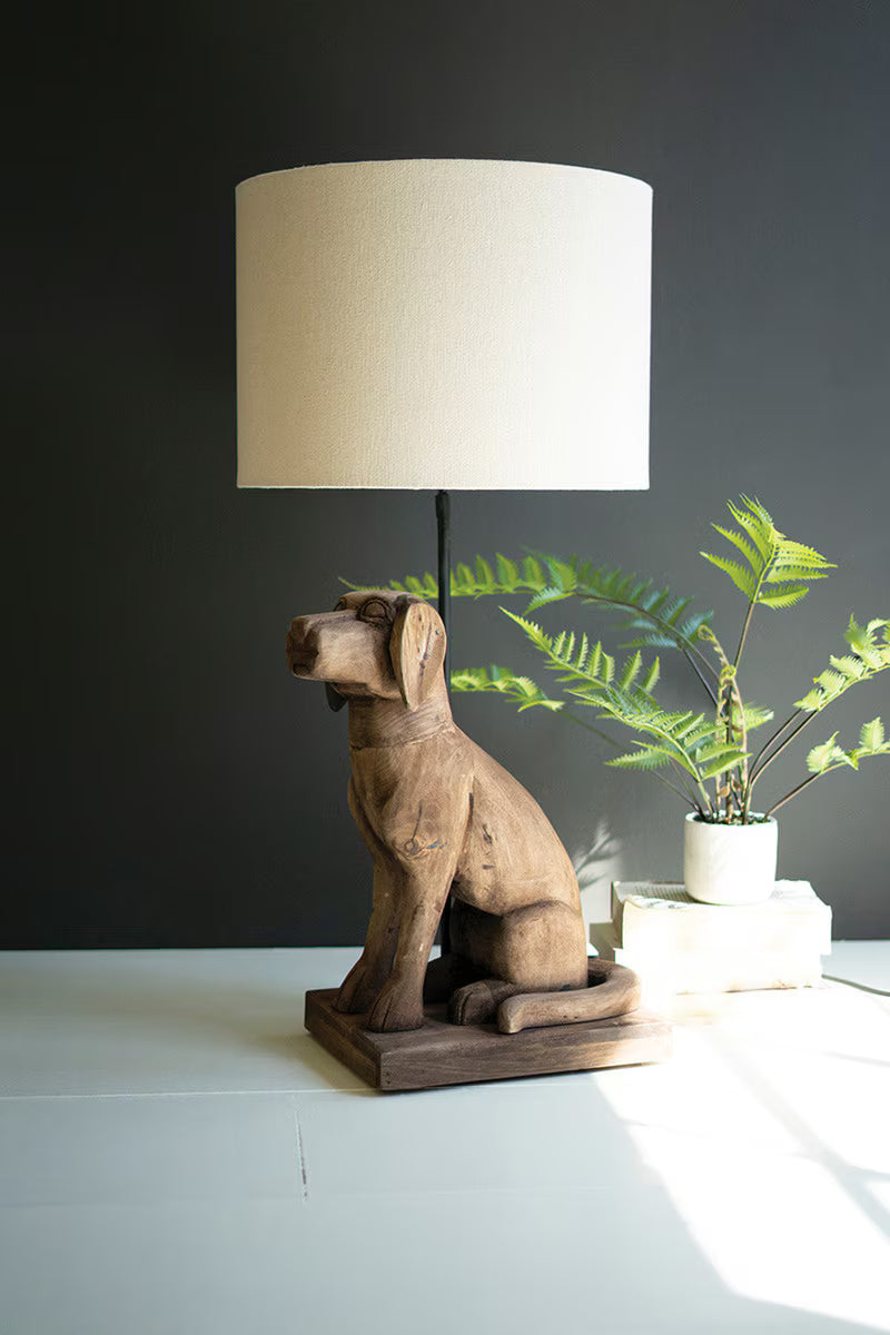 MANGO WOOD DOG TABLE LAMP WITH FABRIC SHADE