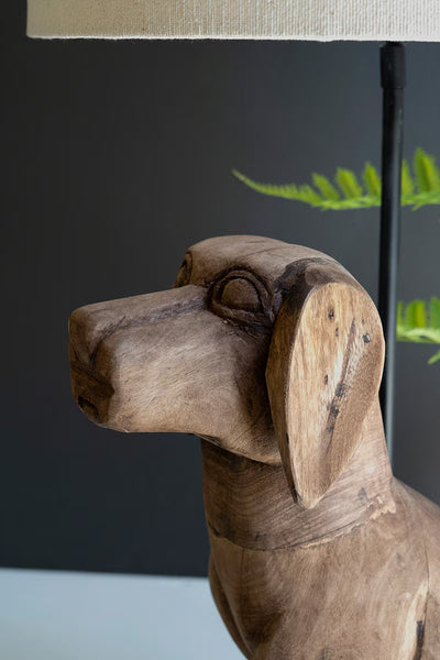 MANGO WOOD DOG TABLE LAMP WITH FABRIC SHADE