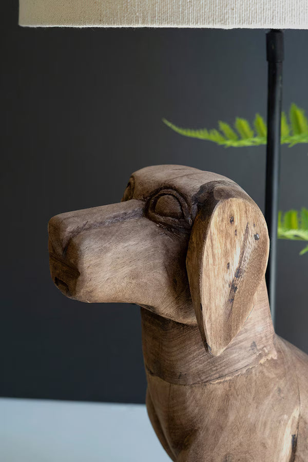 MANGO WOOD DOG TABLE LAMP WITH FABRIC SHADE