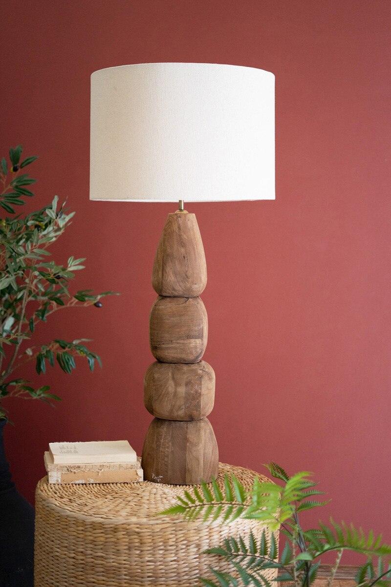 QUAD-CARVED MANGO WOOD TABLE LAMP WITH FABRIC SHADE