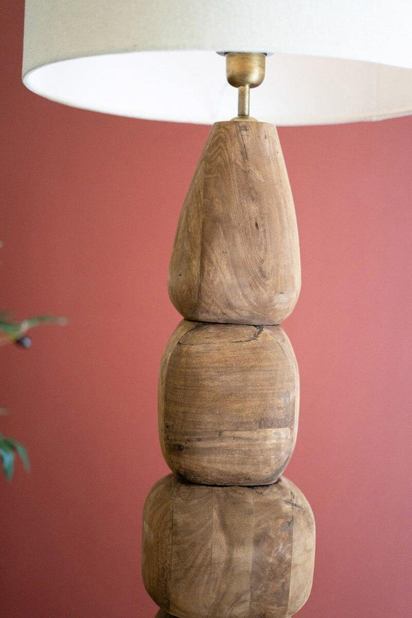 QUAD-CARVED MANGO WOOD TABLE LAMP WITH FABRIC SHADE