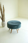 Velvet Ottoman with Wooden Legs \ Steel Blue