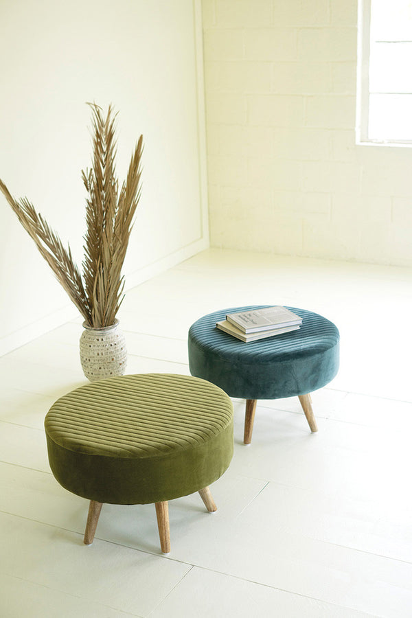 Velvet Ottoman with Wooden Legs \ Steel Blue