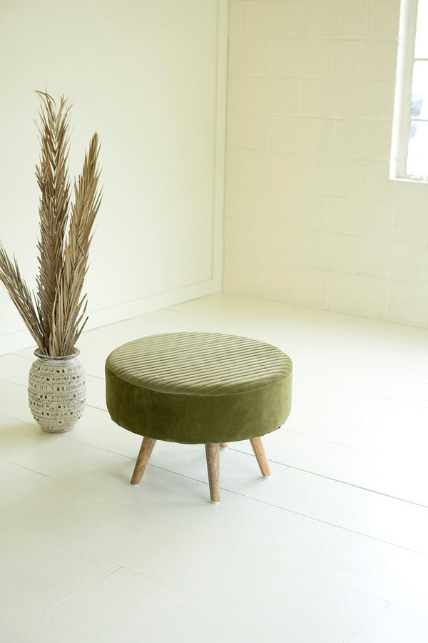 Velvet Ottoman with Wooden Legs \ Avocado