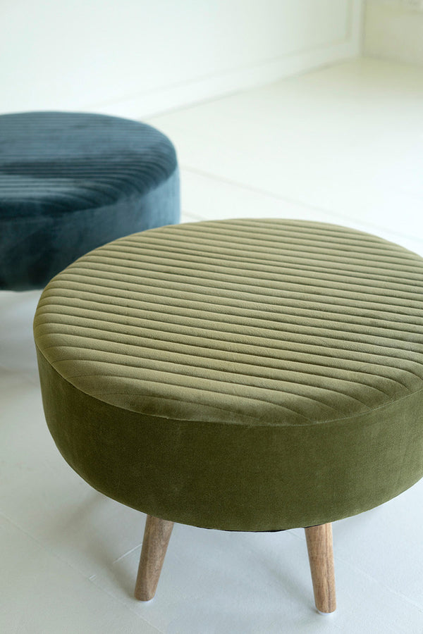 Velvet Ottoman with Wooden Legs \ Avocado