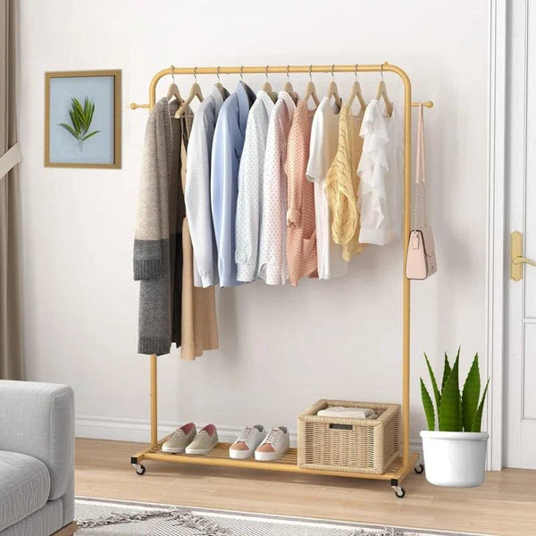 Modern Garment Rack Clothes Hanging Rod with Lockable Wheels in Gold
