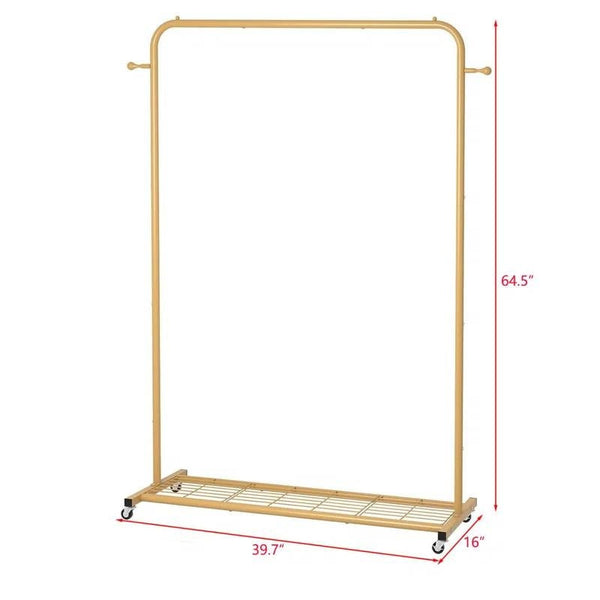Modern Garment Rack Clothes Hanging Rod with Lockable Wheels in Gold