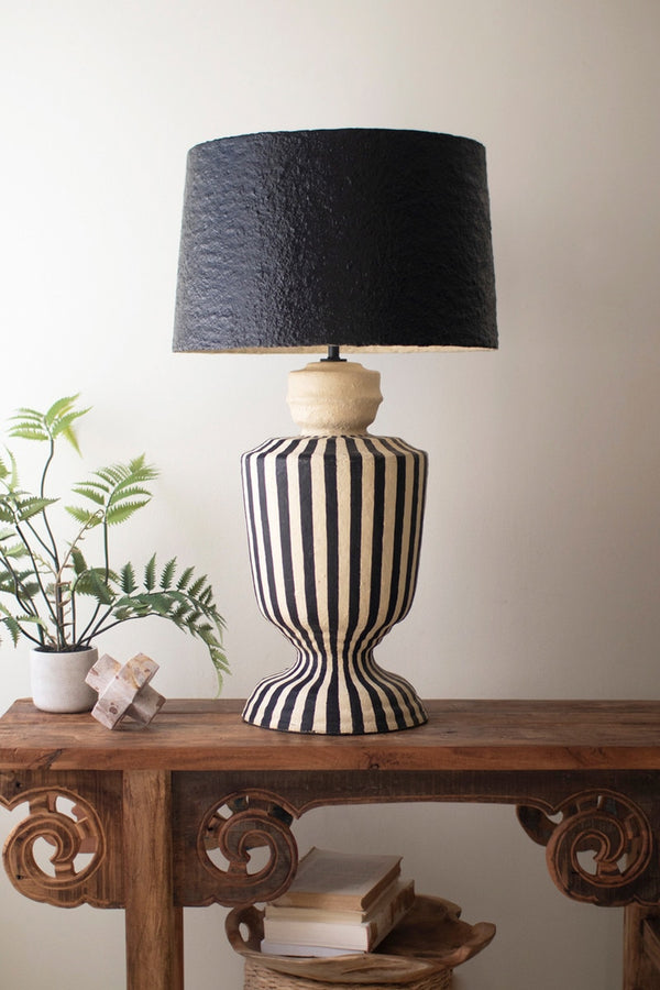 Black and White Paper Mache Lamp with Black Shade
