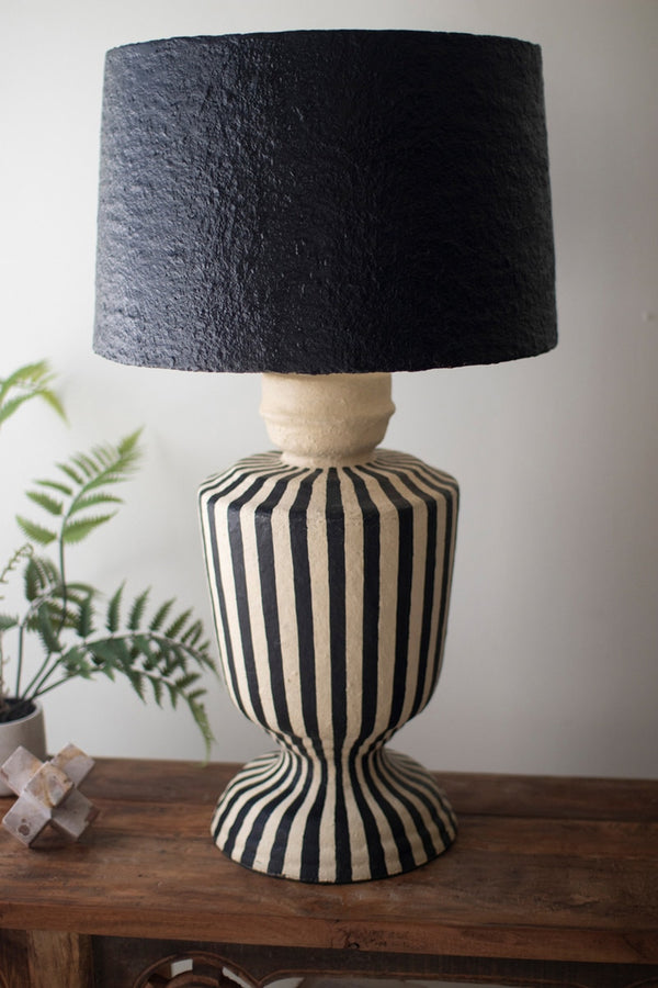 Black and White Paper Mache Lamp with Black Shade