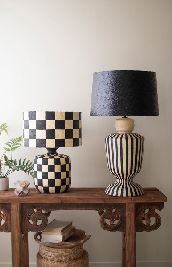 Black and White Paper Mache Lamp with Black Shade