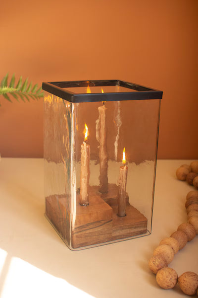 LARGE GLASS HURRICANE WITH FOUR TAPER HOLDER WOOD BASE