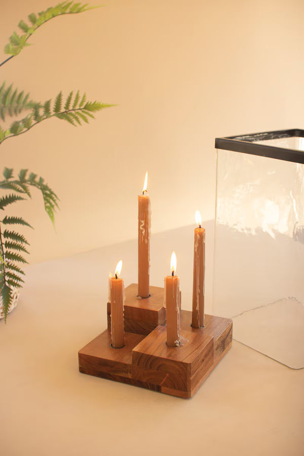 LARGE GLASS HURRICANE WITH FOUR TAPER HOLDER WOOD BASE