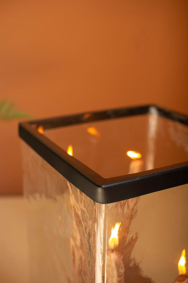 LARGE GLASS HURRICANE WITH FOUR TAPER HOLDER WOOD BASE