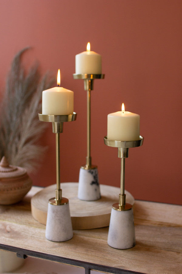Set of 3 Brass Pillar Candle Holders with Marble Bases Kalalou