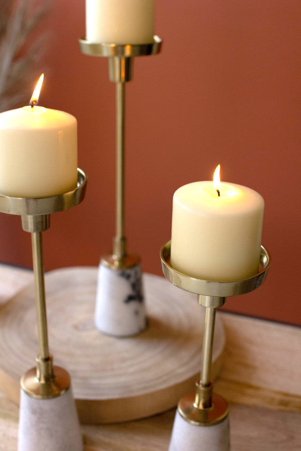 Set of 3 Brass Pillar Candle Holders with Marble Bases Kalalou