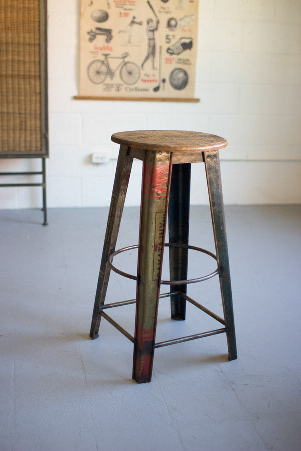 Recycled Metal Bar Stool with Wooden Top Kalalou