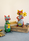 SET OF TWO RECYCLED IRON CATS WITH FLOWER AND POT