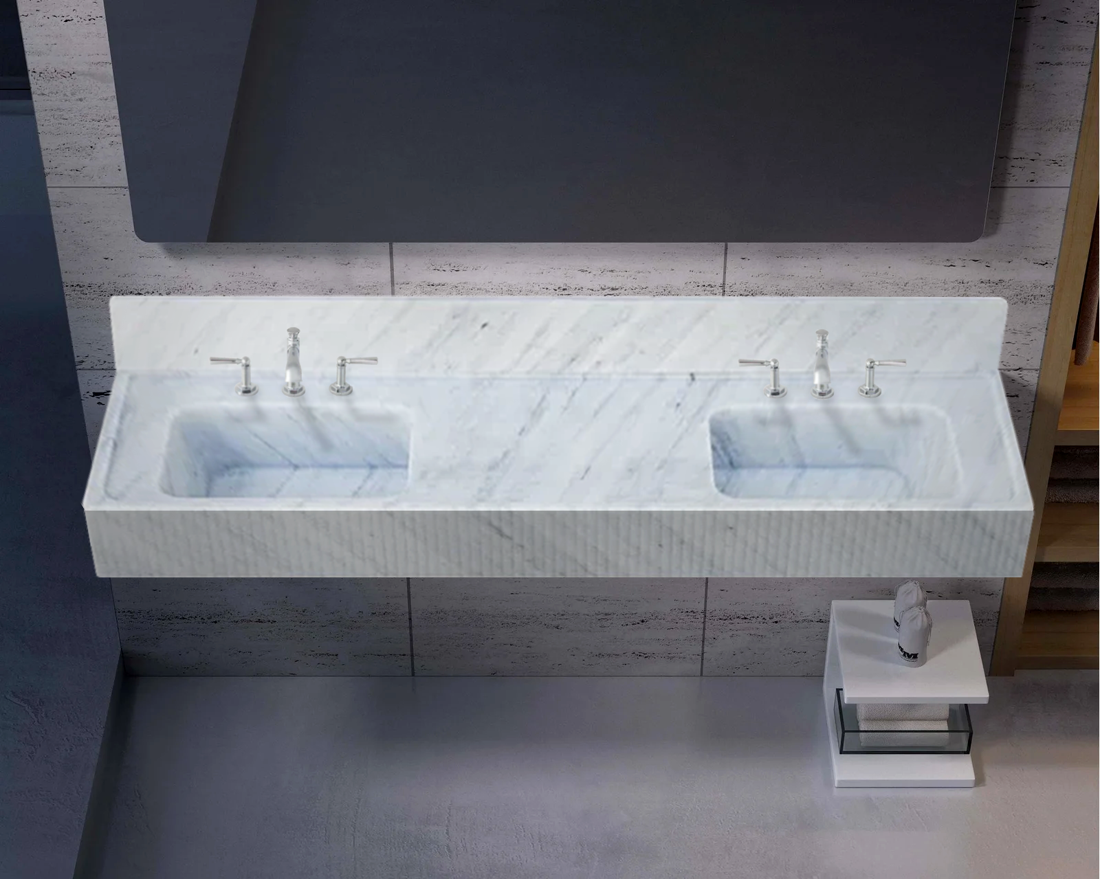 Carrara White Marble Bathroom Double Sink Fluted on Front (W)21