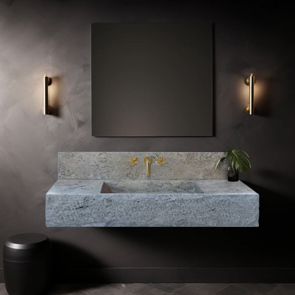 Silver Travertine Rustic Rectangular Wall-mount Bathroom Sink with 8