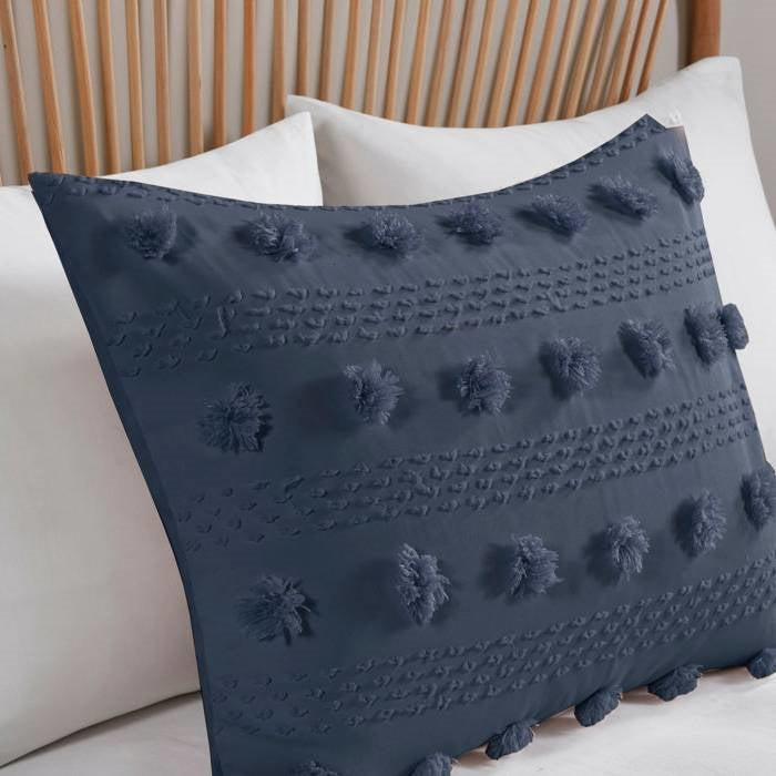 Full/Queen 3 Piece Navy Pompom Microfiber Hypoallergenic Comforter Set
