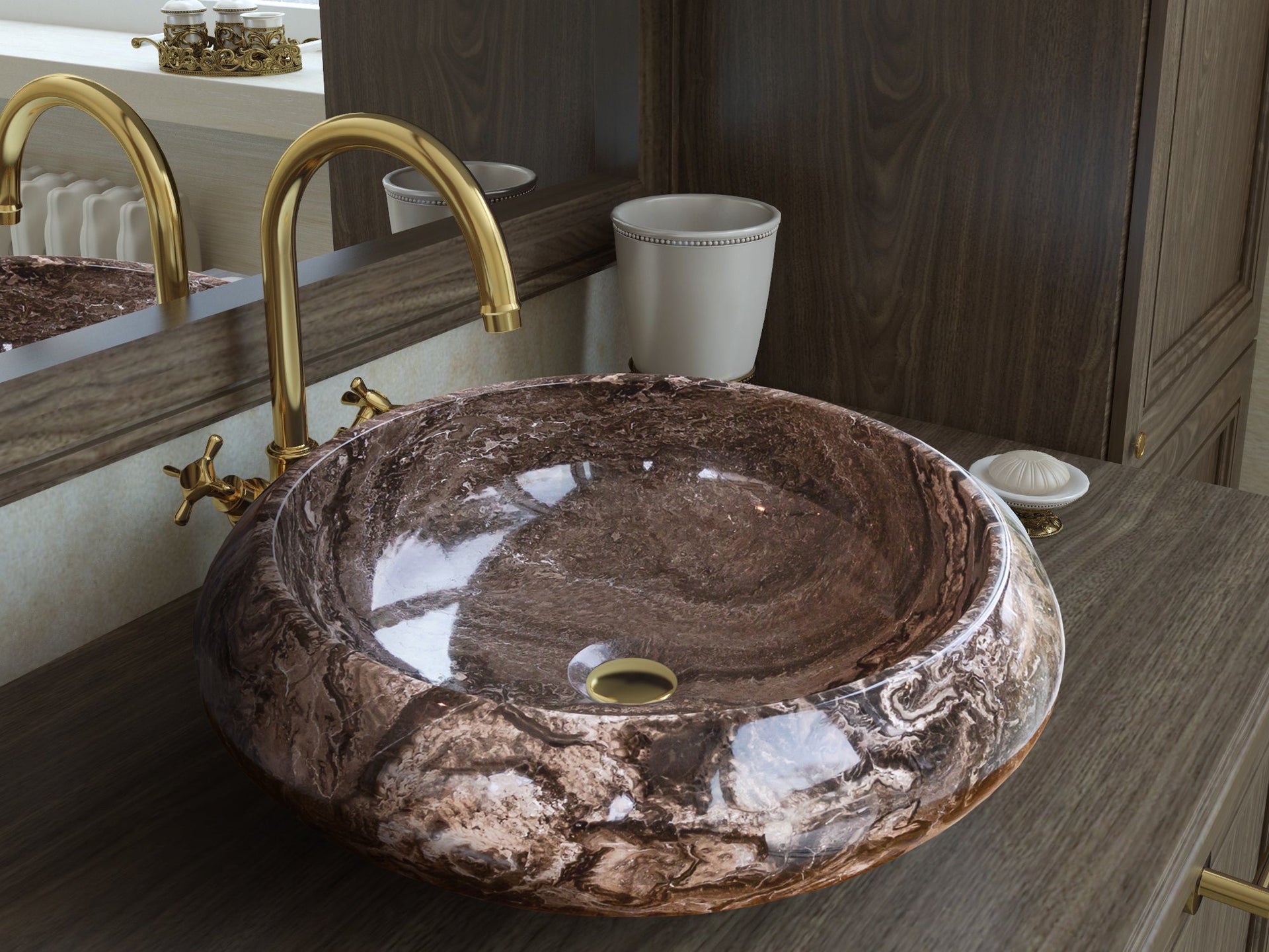 Narcist Brown Marble Vessel Sink High-Gloss Polished