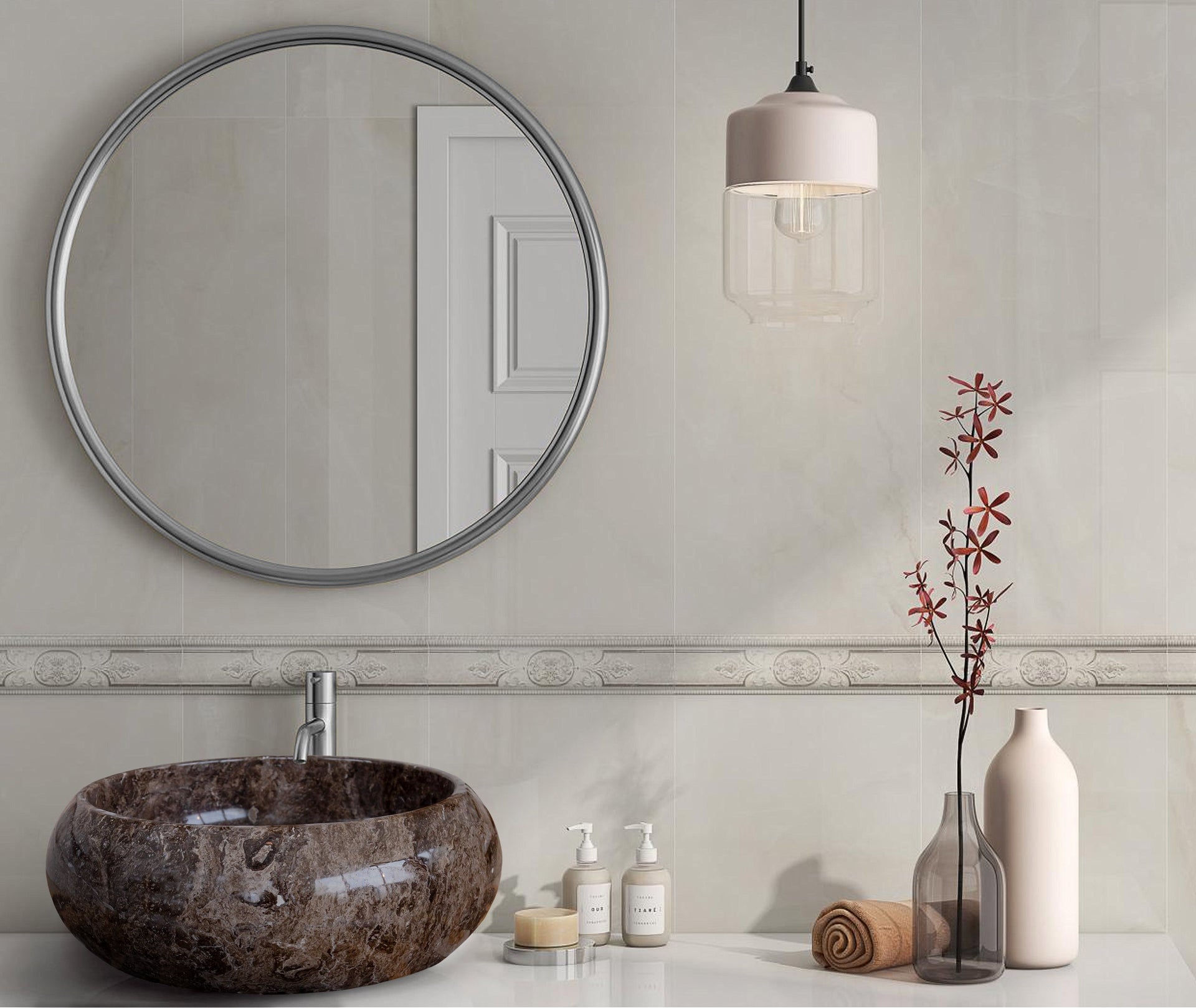 Bathroom with round mirror, sink, and decorative elements.