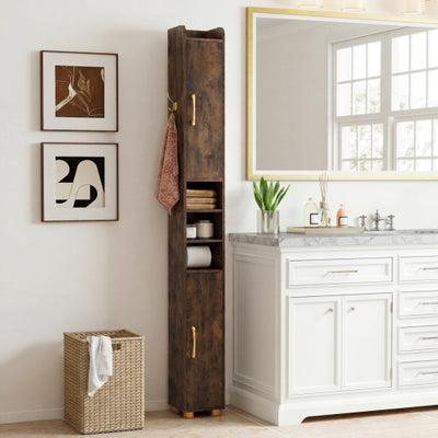 Narrow Bathroom Storage Cabinet with Open Shelves and Toilet Paper Holder-Rustic Brown