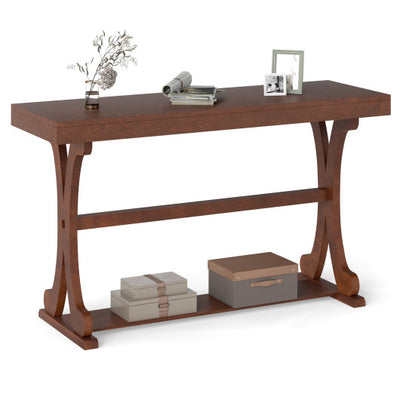 Narrow Console Table Vintage 52 Inch Long with Open Storage Shelf-Walnut