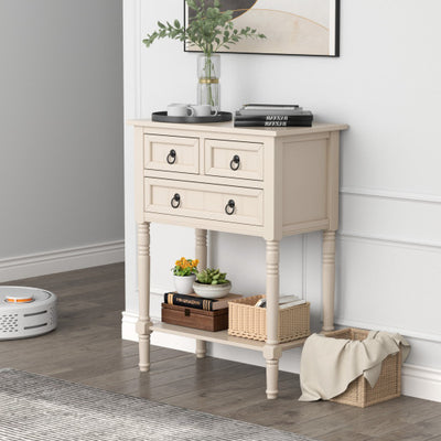 Narrow Console Table with 3 Storage Drawers and Open Bottom Shelf-Beige