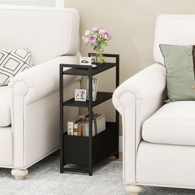 Narrow End Table with Storage Shelves and Metal Frame-Black
