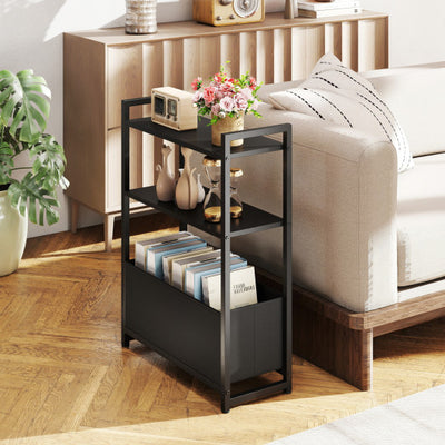 Narrow End Table with Storage Shelves and Metal Frame-Black