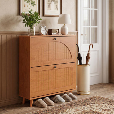 Narrow Shoe Cabinet with Adjustable and Removable Shelves for Entryway Foyer-Oak