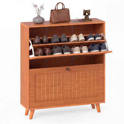 Narrow Shoe Cabinet with Adjustable and Removable Shelves for Entryway Foyer-Oak