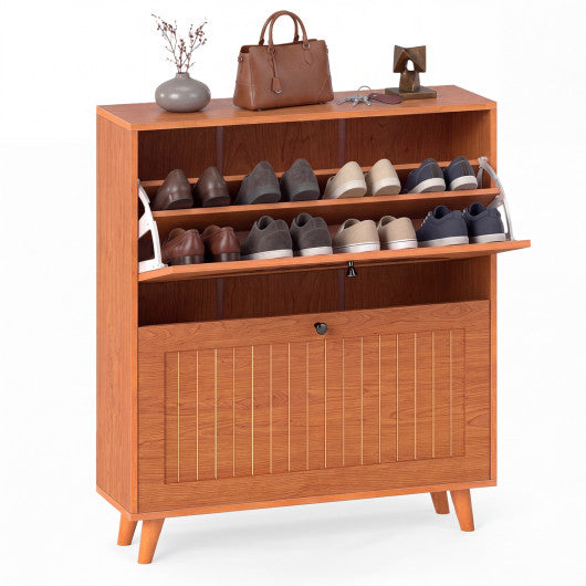 Narrow Shoe Cabinet with Adjustable and Removable Shelves for Entryway Foyer-Oak