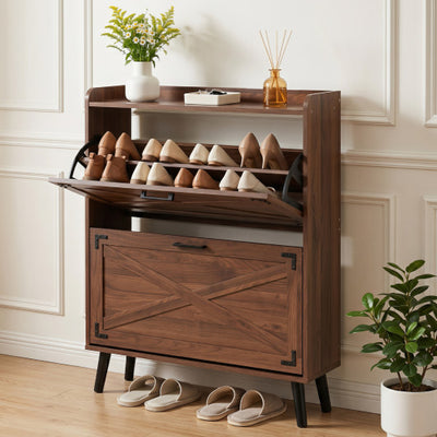 Narrow Shoe Cabinet with Adjustable and Removable Shelves for Entryway-Brown