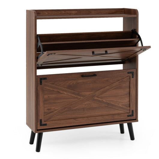 Narrow Shoe Cabinet with Adjustable and Removable Shelves for Entryway-Brown