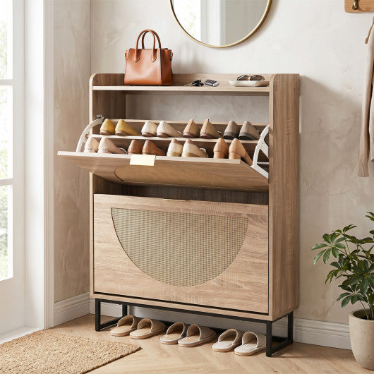 Narrow Shoe Storage Cabinet with 2 Flip Drawers and Adjustable Shelves-Natural